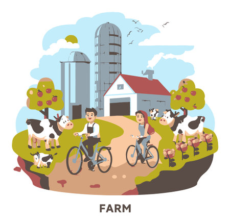 Delight in this vibrant cartoon farm scene featuring cyclists, playful cows, and towering silos amidst a picturesque rural landscape.のイラスト素材