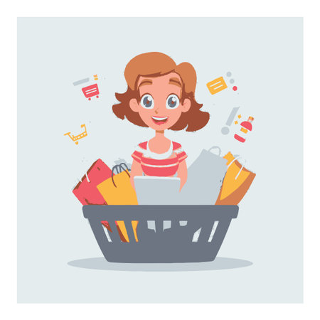 A joyful cartoon character surrounded by shopping bags in a basket, reflecting a fun and vibrant shopping experience. Perfect for lifestyle themes.のイラスト素材