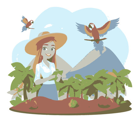 A cheerful cartoon woman stands amidst lush palm trees in a vibrant tropical landscape, surrounded by colorful parrots and rolling mountains under a sunny sky.のイラスト素材
