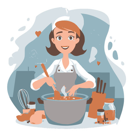 A cheerful woman enjoying cooking in a bright kitchen, featuring a pot, utensils, and ingredients, in a playful cartoon style. Perfect for food lovers.のイラスト素材