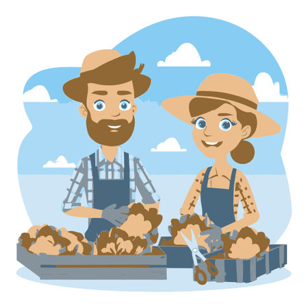 This cheerful cartoon illustration features a couple of farmers happily gathering fresh produce in a sunny outdoor setting, showcasing teamwork and agricultural life.のイラスト素材