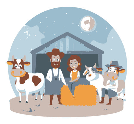 This charming cartoon illustration captures a joyful farm scene at night, featuring a farmer, a woman, and friendly cows near a barn with a glowing moon above.のイラスト素材