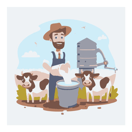 A cheerful cartoon farmer stands proudly milking cows near his barn. The idyllic rural scene showcases farm life, highlighting agriculture and dairy production.のイラスト素材