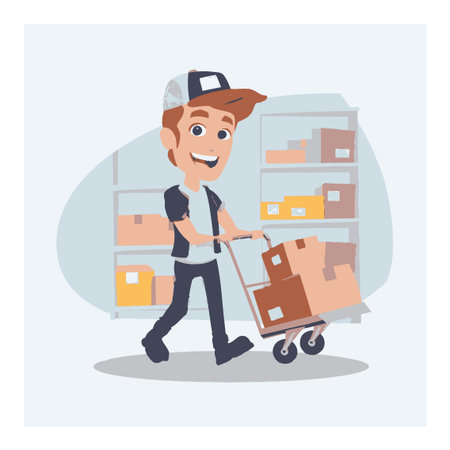 This vibrant cartoon character smiles while pushing a hand truck filled with boxes in a warehouse, symbolizing efficient delivery and logistics services.のイラスト素材