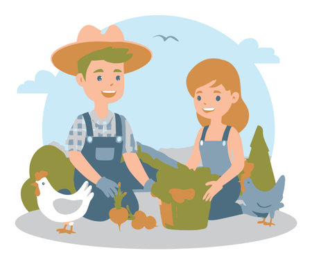 Cheerful cartoon farmers work together in a vibrant garden, planting vegetables and enjoying a sunny day. The scene captures themes of agriculture and teamwork.のイラスト素材