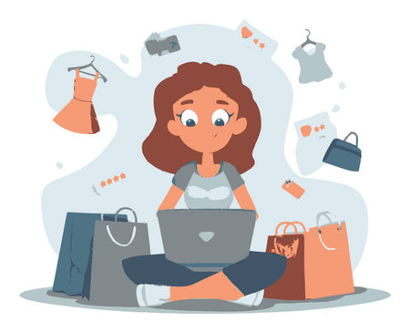 A cheerful cartoon girl sits cross-legged with a laptop, shopping online. Surrounded by colorful shopping bags and clothing items, she embodies the joy of modern retail.のイラスト素材