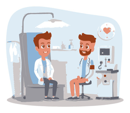 This charming cartoon illustration depicts a friendly doctor and patient in a bright medical office, showcasing the essence of healthcare consultations and friendly interactions.のイラスト素材