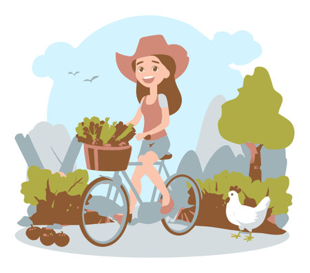 Cheerful young woman rides a bicycle filled with fresh vegetables, showcasing a healthy lifestyle in a vibrant nature setting, with a chicken nearby.のイラスト素材