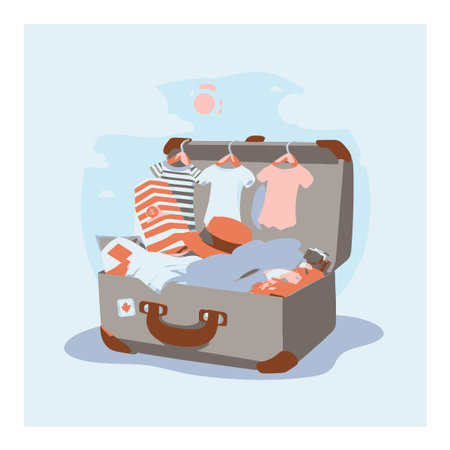 Discover a vibrant cartoon vector of an open suitcase packed with stylish clothing and accessories, perfect for travel-themed projects and designs.のイラスト素材