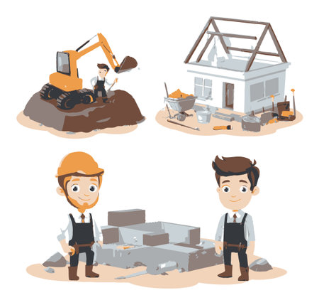 Explore a vibrant cartoon-style illustration featuring construction workers, machinery, and building scenes. Perfect for projects related to construction and renovation.のイラスト素材