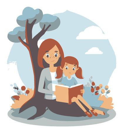 A delightful cartoon illustration of a mother and daughter reading a book under a tree, capturing a peaceful moment of bonding and imagination.のイラスト素材
