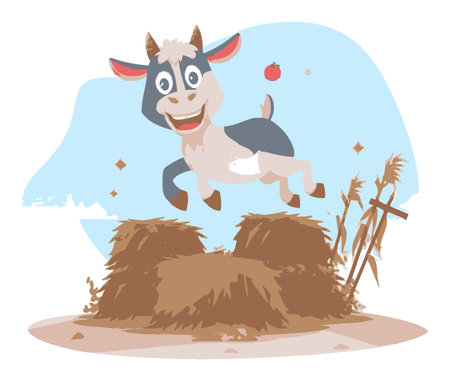 A joyful cartoon goat leaps over hay bales in a vibrant vector style, showcasing a playful scene on a farm. The cheerful design adds a whimsical touch.のイラスト素材