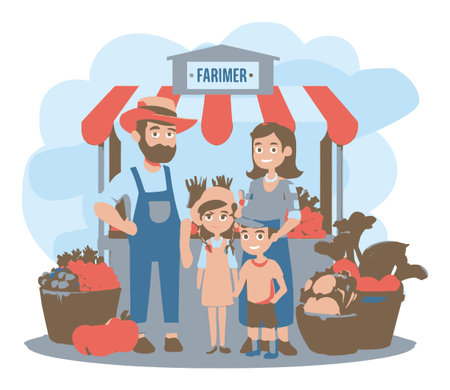 A delightful cartoon family standing at a vibrant farmers market stand, showcasing fresh produce. Perfect for themes of community, healthy living, and family fun.のイラスト素材