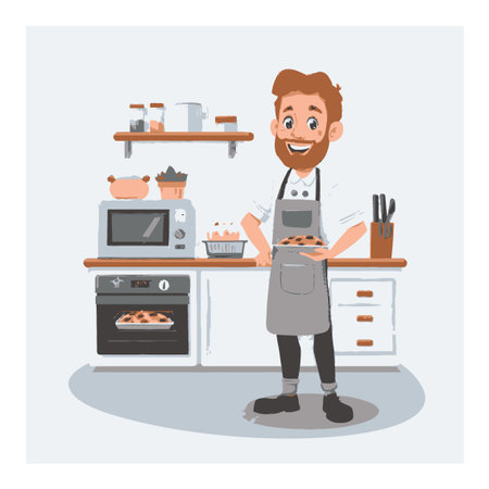 A cheerful chef in a modern kitchen appears to be preparing delicious baked goods with a welcoming smile, surrounded by various cooking tools and ingredients.のイラスト素材