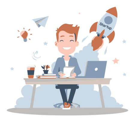 Colorful cartoon illustration depicting a cheerful businessman at his desk, launching a startup rocket, symbolizing creativity, motivation, and innovation.のイラスト素材