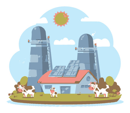 Charming cartoon illustration of a farm with cows, silos, solar panels, and a sunny sky. A perfect representation of modern agriculture in an eco-friendly landscape.のイラスト素材