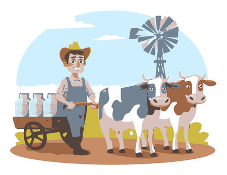 A cheerful farmer guides his cows beside a windmill in a colorful cartoon illustration. Perfect for depicting farm life, agriculture, and rural joy.のイラスト素材