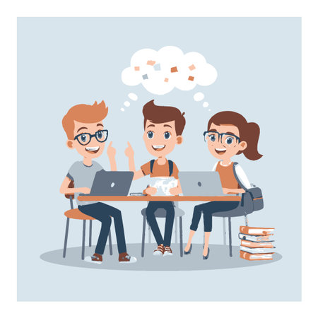 Bright and cheerful cartoon scene featuring three students collaborating at a table with laptops, books, and thoughts, highlighting teamwork and creativity.のイラスト素材