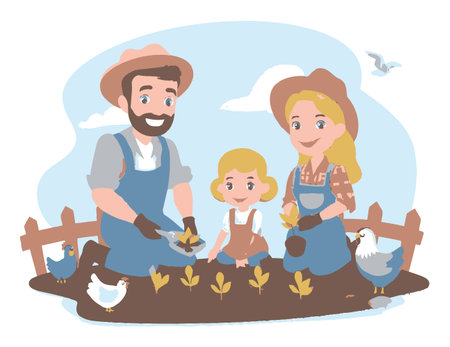 A cheerful cartoon family is engaged in planting activities in a garden. The design features a sunny landscape with parents and their child happily tending to the soil, showcasing teamwork and joy.のイラスト素材