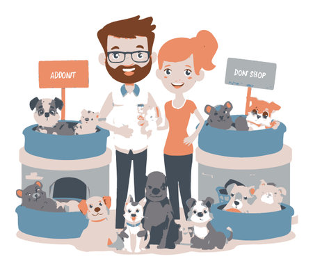 Charming cartoon vector illustration of a couple in a pet shop filled with adorable dogs, emphasizing joy, companionship, and the importance of pet adoption.のイラスト素材