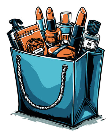 This stylish illustration showcases a cosmetics bag brimming with various beauty products, perfect for marketing and promotional uses in the beauty industry.のイラスト素材