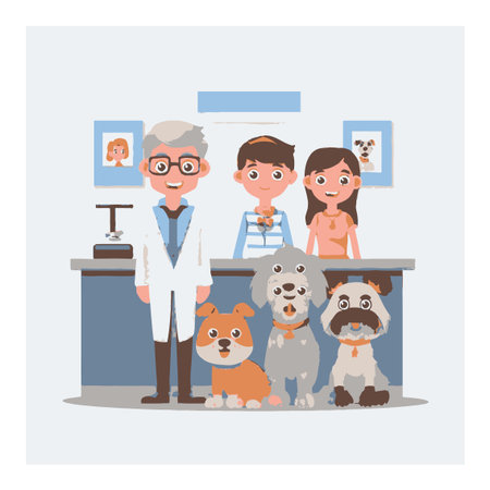 A cheerful cartoon scene depicting a veterinarian, two pet owners, and their adorable pets in a welcoming clinic setting. Perfect for animal care themes.のイラスト素材