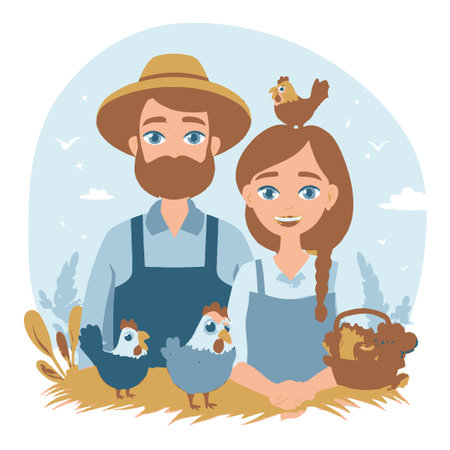This vibrant vector illustration features a cheerful couple of farmers with chickens, showcasing a warm rural scene. Perfect for agricultural themes!のイラスト素材