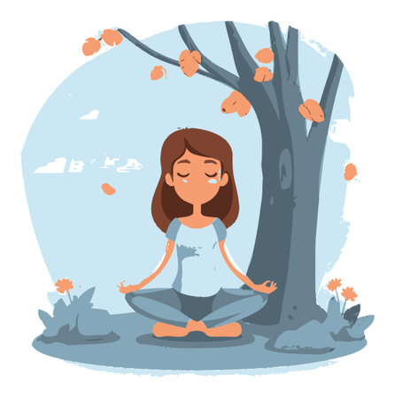 A cheerful cartoon girl meditates peacefully under a tree, surrounded by nature. This illustration captures moments of tranquility, wellness, and mindfulness, perfect for promoting relaxation and harmony in life.のイラスト素材