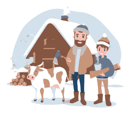 Charming cartoon illustration depicting a winter scene with a farmer and a child beside a cow and cozy cabin. Perfect for seasonal themes.のイラスト素材