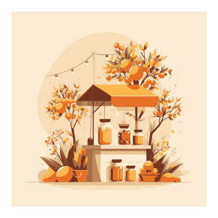 A vibrant cartoon illustration of a charming market stall filled with jars of jam surrounded by autumn-themed fruits and foliage, perfect for seasonal decor.のイラスト素材