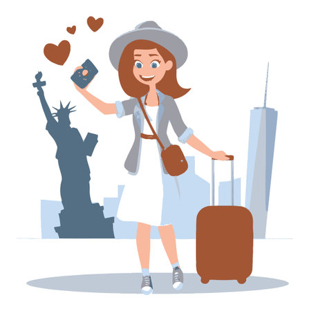 Cheerful female tourist captures a selfie with the iconic Statue of Liberty. The scene showcases joy and adventure in a vibrant city landscape. Perfect for travel themes.のイラスト素材