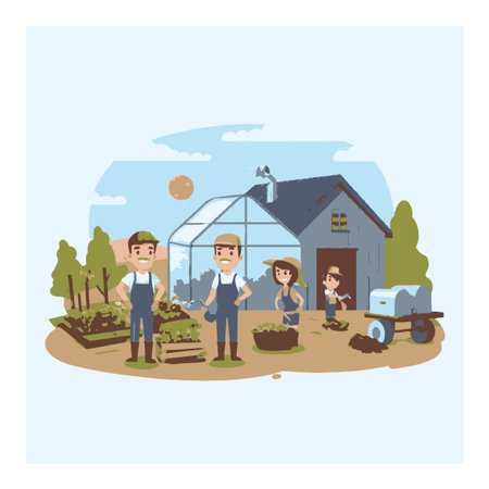 Delight in this cartoon vector scene featuring gardeners actively tending their farm in a sunny landscape. A charming greenhouse adds to the idyllic setting, showcasing teamwork and love for nature.のイラスト素材