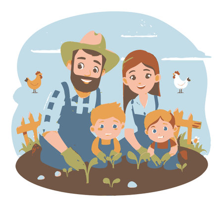 A vibrant cartoon illustration of a family engaged in gardening. A man and woman work with two children beside them, planting seedlings in soil with chickens in the background.のイラスト素材