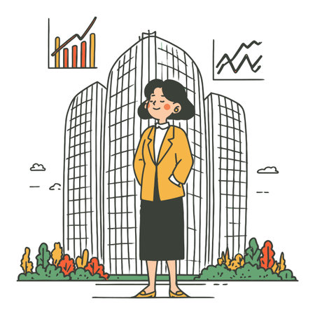 A confident businesswoman stands in front of a modern skyscraper, surrounded by graphs and vibrant greenery, symbolizing growth and success in finance and career.のイラスト素材