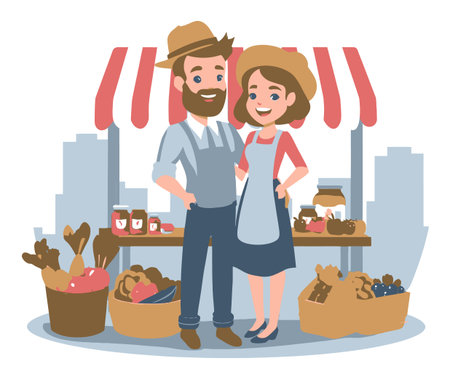 Enjoy this delightful cartoon depicting a happy couple at a farmers market, showcasing fresh produce and local goods with a warm, inviting atmosphere.のイラスト素材