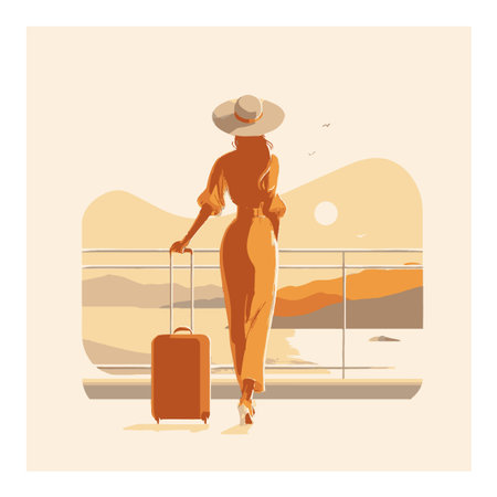 A stylish woman in a dress stands with a suitcase, gazing at a beautiful sunset view, embodying travel elegance and relaxation in a charming cartoon style.のイラスト素材
