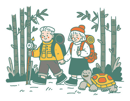 A charming flat vector illustration of children enjoying nature while hiking with a turtle, surrounded by lush bamboo trees, showcasing friendship and adventure.のイラスト素材