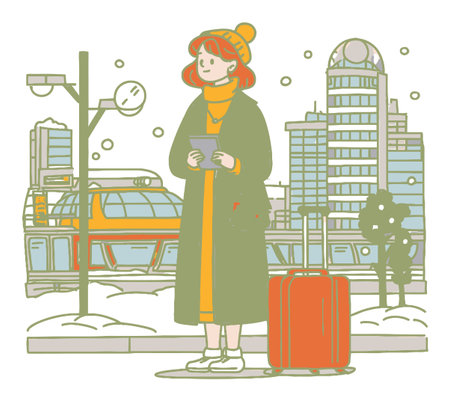 A cheerful young woman stands at a train station in winter, holding a smartphone. She wears a stylish coat and a bright hat, with a suitcase beside her.のイラスト素材