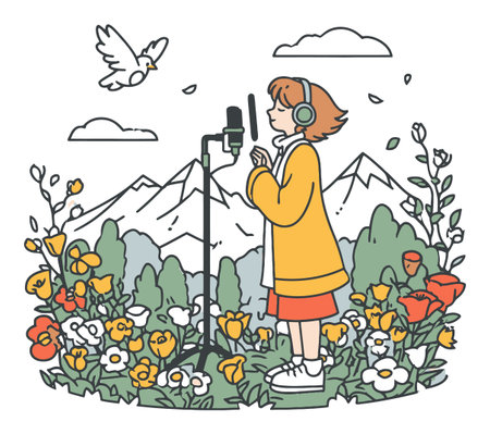 A vibrant vector illustration of a girl singing joyfully in a flower-filled field with mountains in the background, complemented by a bird in flight. Perfect for creative projects!のイラスト素材