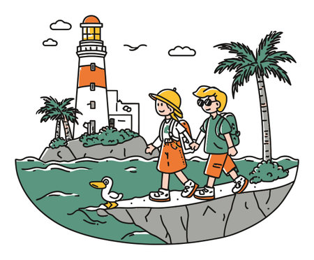 A cheerful couple strolls along a coastal path near a lighthouse. This whimsical vector illustration features palm trees, an ocean backdrop, and a friendly duck. Perfect for summer themes.のイラスト素材