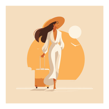 This cartoon-style illustration features an elegant woman walking with luggage, set against a warm sunset backdrop. Perfect for travel themes and lifestyle projects.のイラスト素材