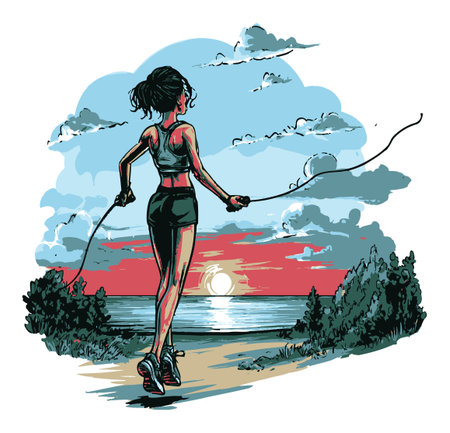 Dynamic vector illustration of a woman jumping rope at sunset by the ocean, showcasing fitness and vitality in a serene beach setting.のイラスト素材