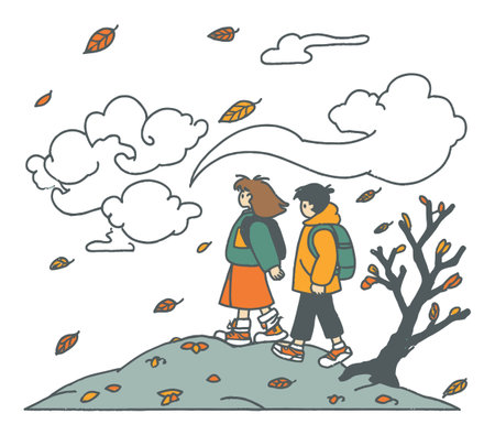 Two children explore a hill adorned with falling leaves under a cloudy sky. This charming illustration captures the joy and wonder of autumn adventures, perfect for any seasonal theme.のイラスト素材