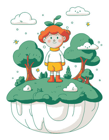 A charming vector illustration featuring a child standing amidst trees and clouds in a whimsical landscape. Perfect for creative projects and children's themes.のイラスト素材