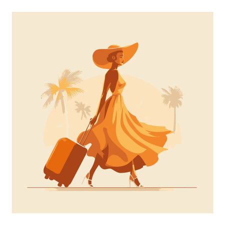 A stylish woman in a flowing summer dress walks with a suitcase against a tropical backdrop. The vibrant illustration captures the essence of vacation and adventure.のイラスト素材
