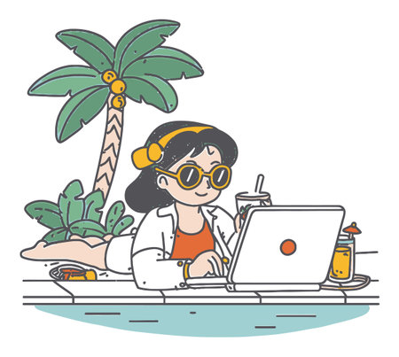 A cheerful woman relaxes by the pool with a laptop, embodying summer vibes. Surrounded by palm trees and a tropical drink, she enjoys her leisure and remote work.のイラスト素材