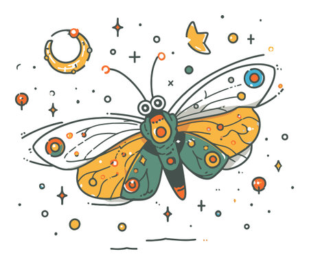 Vibrant flat vector illustration of a butterfly surrounded by stars and moon elements. Perfect for nature-themed designs or artistic projects.のイラスト素材