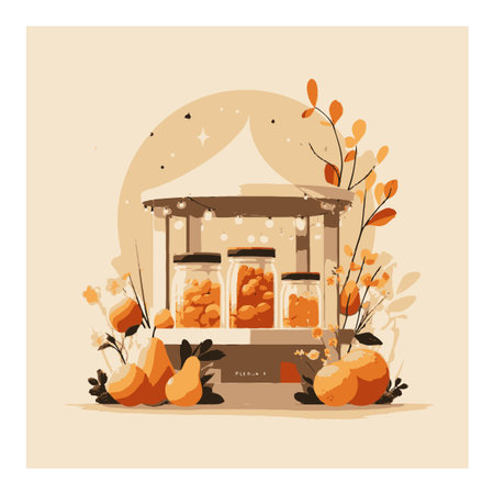 Charming illustration of a vintage cart filled with jars of fruit, surrounded by vibrant flowers and playful colors. Perfect for seasonal themes.のイラスト素材