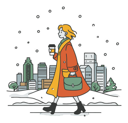 A stylish woman walks through a snowy urban landscape, holding coffee and wearing a bright coat. A charming blend of winter scenery and modern city life.のイラスト素材