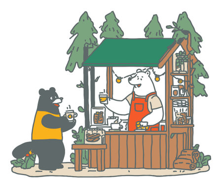 This charming flat vector illustration depicts a friendly bear cafe scene in nature, featuring two bears enjoying drinks at a quaint market stall surrounded by trees.のイラスト素材